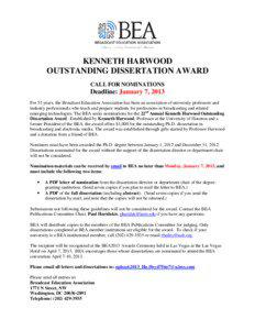KENNETH HARWOOD OUTSTANDING DISSERTATION AWARD CALL FOR NOMINATIONS