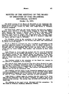 MINUTES OF THE MEETING OF THE BOARD OF DIRECTORS OF THE OKLAHOMA HISTORICAL SOCIETY October 23, 1944. The called meeting of the Board of Directors of the Oklahoma Hietorical Society convened in the Historical Society Bui