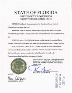 STATE OF FLORIDA OFFICE OF THE GOVERNOR EXECUTIVE ORDER NUMBER[removed]WHEREAS, Ray Russell Domer, a member of the Okeechobee County Board of Commissioners, has passed away; and WHEREAS, Article X, Section 3, of the Flori