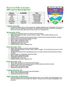 West Coast Rally Association 2005 Corporate Sponsorship Rates Sponsor Contingency Title Partner