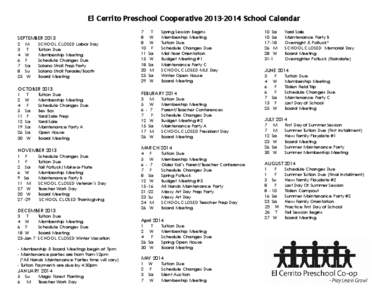 El Cerrito Preschool Cooperative[removed]School Calendar SEPTEMBER[removed]