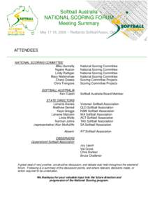 Softball Australia NATIONAL SCORING FORUM Meeting Summary May 17-18, 2008 ~ Redlands Softball Assoc, Qld  ATTENDEES