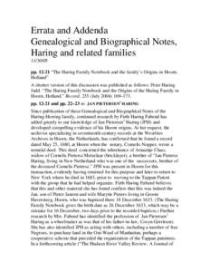 Errata and Addenda Genealogical and Biographical Notes, Haring and related families[removed]pp[removed] “The Haring Family Notebook and the family’s Origins in Hoorn, Holland”