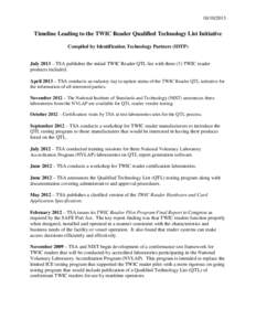 [removed]Timeline Leading to the TWIC Reader Qualified Technology List Initiative Compiled by Identification Technology Partners (IDTP)  July 2013 – TSA publishes the initial TWIC Reader QTL list with three (3) TWIC