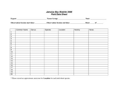 Jamaica Bay Bioblitz 2009 Field Data Sheet Expert: _________________________________ Taxon Group: ______________________________ Date: __________________ Observation Session start time: _____________Observation Session e