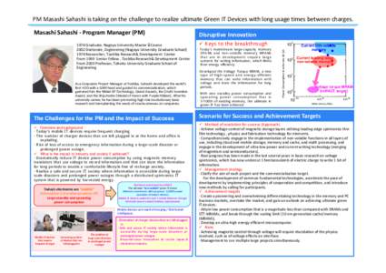 PM Masashi Sahashi is taking on the challenge to realize ultimate Green IT Devices with long usage times between chargesGraduate, Nagoya University Master s Course  2002 Doctorate, Engine