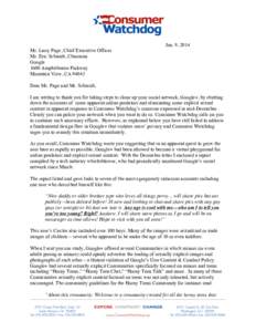Jan. 9, 2014 Mr. Larry Page, Chief Executive Officer Mr. Eric Schmidt, Chairman Google 1600 Amphitheatre Parkway Mountain View, CA 94043