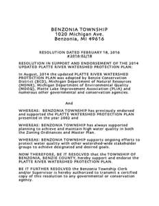 BENZONIA TOWN SHIP 1020 Michigan Ave. Benzonia, MIRESO LUT I ON DATED F EBRUARY 18, 2016 #RESO LUT I ON IN SUPPORT AND ENDORSEMENT OF THE 2014