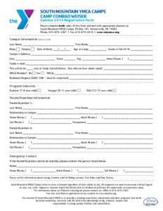 south mountain ymca camps camp Conrad Weiser Summer 2014 Registration Form