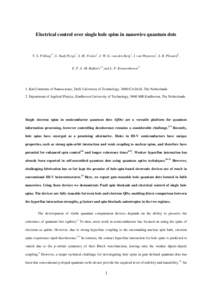 Electrical control over single hole spins in nanowire quantum dots  V. S. Pribiag1*, S. Nadj-Perge1, S. M. Frolov1, J. W. G. van den Berg1, I. van Weperen1, S. R. Plissard2, E. P. A. M. Bakkers1,2 and L. P. Kouwenhoven1*
