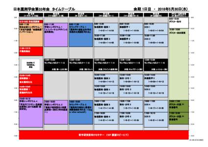 会期 1日目　・　2018年5月30日(水)  日本薬剤学会第33年会　タイムテーブル　　 第１会場 [1F 中ホール・大地]