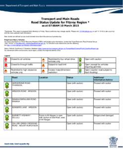 Transport and Main Roads Road Status Update for Fitzroy Region * as at 07:00AM 10 March 2015 *Disclaimer: This report is prepared daily Monday to Friday. Road conditions may change rapidly. Please visit[removed]qld.gov.au