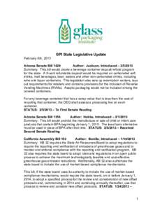 GPI State Legislative Update February 6th, 2013 Arizona Senate Bill 1429 Author: Jackson, Introduced – [removed]Summary: This bill would create a beverage container deposit refund program for the state. A 5-cent refund