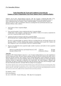 Notice Regarding the Terms and Conditions Concerning the Issuance of Stock-Compensation-Type Stock Options (Stock Acquisition Rights)