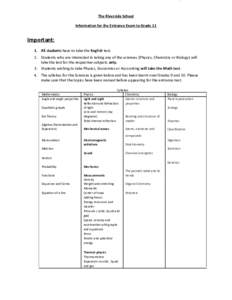 The Riverside School Information for the Entrance Exam to Grade 11 Important: 1. All students have to take the English test. 2. Students who are interested in taking any of the sciences (Physics, Chemistry or Biology) wi