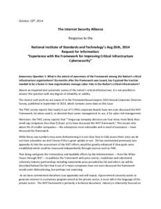 October 10th, 2014  The Internet Security Alliance Response to the National Institute of Standards and Technology’s Aug 26th, 2014 Request for Information: