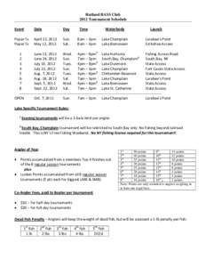 Rutland BASS Club 2012 Tournament Schedule Event Date