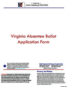 VIRGINIA  STATE BOARD of ELECTIONS Virginia Absentee Ballot Application Form