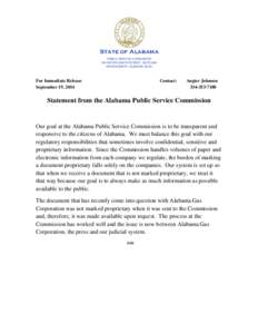 State of Alabama PUBLIC SERVICE COMMISSION 100 NORTH UNION STREET, SUITE 800 MONTGOMERY, ALABAMA[removed]For Immediate Release