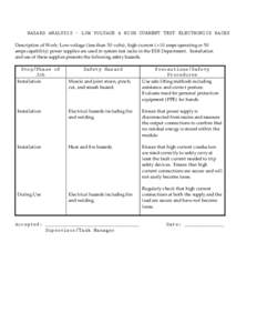 HAZARD ANALYSIS – LOW VOLTAGE & HIGH CURRENT TEST ELECTRONICS RACKS Description of Work: Low-voltage (less than 50 volts), high-current (>10 amps operating or 50 amps capability) power supplies are used in system test 