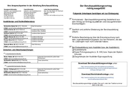 Ihre Ansprechpartner in der Abteilung Berufsausbildung Hauptgeschäftsstelle: Industrie- und Handelskammer Würzburg-Schweinfurt MainaustraßeWürzburg