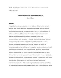 Draft. For definitive version, see Journal of Aesthetics and Art Criticism[removed]), [removed]The Artist’s Sanction in Contemporary Art Sherri Irvin