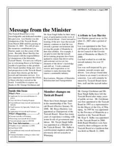 1 THE TRIPSHEET, Vol.8, Issue 1, August[removed]Message from the Minister The Taxicab Board lost a very knowledgeable and dedicated member this past year. Lou Harries was the