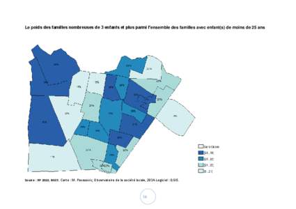 Le poids des familles nombreuses de 3 enfants et plus parmi l’ensemble des familles avec enfant(s) de moins de 25 ans  Source : RP 2010, INSEE. Carte : M. Pavasovic, Observatoire de la société locale, 2014.Logiciel :