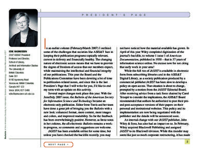 Bulletin of the American Society for Information Science and Technology – October/November[removed]P EDIE RASMUSSEN 2007 ASIS&T President