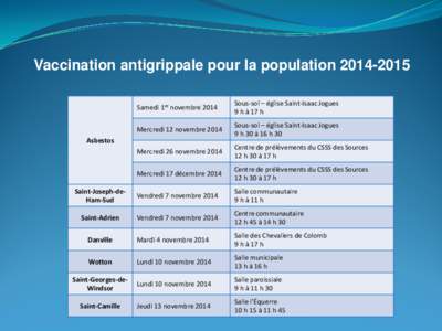 Vaccination antigrippale pour la population[removed]Samedi 1er novembre 2014 Sous-sol – église Saint-Isaac Jogues 9 h à 17 h