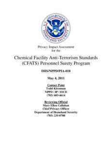 Department Of Homeland Security Privacy Impact Assessment National Protection and Programs Directorate Chemical Facilities Anti-Terrorism Standards Personnel Surety