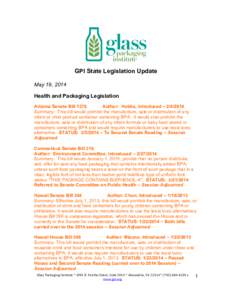 GPI State Legislation Update May 19, 2014 Health and Packaging Legislation Arizona Senate Bill 1376 Author: Hobbs, Introduced – [removed]Summary: This bill would prohibit the manufacture, sale or distribution of any