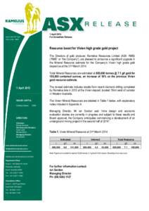 Microsoft Word - ASX RELEASEResources boost for Vivien high grade gold project.docx
