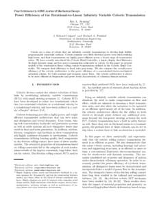 Final Submission to ASME Journal of Mechanical Design  Power Efficiency of the Rotational-to-Linear Infinitely Variable Cobotic Transmission Eric L. Faulring∗ Chicago PT, LLC 2510 Gross Point Road