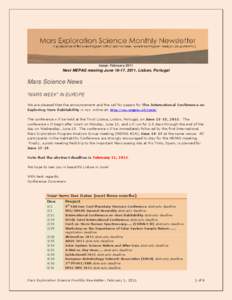 Issue: February[removed]Next MEPAG meeting June 16-17, 2011, Lisbon, Portugal Mars Science News “MARS WEEK” IN EUROPE
