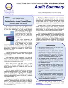 State of Rhode Island General Assembly - Office of the Auditor General  Audit Summary Dennis E. Hoyle, CPA Acting Auditor General