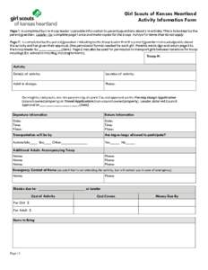 Girl Scouts of Kansas Heartland Activity Information Form Troop #: Activity Date(s) of activity:
