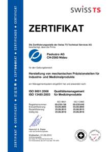 ZERTIFIKAT Die Zertifizierungsstelle der Swiss TS Technical Services AG bescheinigt, dass die Firma Paoluzzo AG CH-2560 Nidau