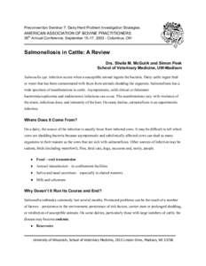 Preconvention Seminar 7: Dairy Herd Problem Investigation Strategies  AMERICAN ASSOCIATION OF BOVINE PRACTITIONERS 36th Annual Conference, September 15-17, Columbus, OH  Salmonellosis in Cattle: A Review