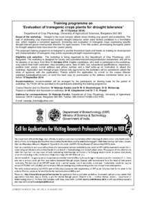 Training programme on ‘Evaluation of transgenic crops plants for drought tolerance’ (6–11 October[removed]Department of Crop Physiology, University of Agricultural Sciences, Bangalore[removed]Scope of the workshop: D