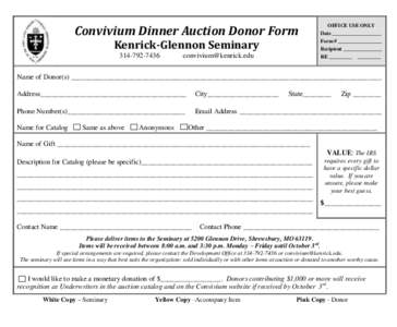 Convivium Dinner Auction Donor Form Kenrick-Glennon Seminary[removed]OFFICE USE ONLY Date ___________________