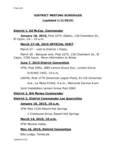 [Type text]  DISTRICT MEETING SCHEDULES (updated[removed]District 1, Ed McCoy, Commander