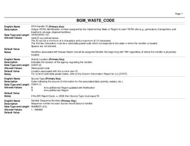 Page 1  BGM_WASTE_CODE EPA Handler ID (Primary Key) Unique RCRA identification number assigned by the implementing State or Region to each RCRA site (e.g., generators; transporters; and treatment, storage, disposal facil