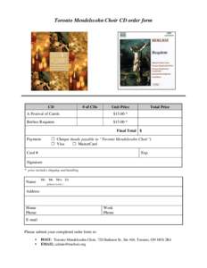 Toronto Mendelssohn Choir CD order form  CD # of CDs