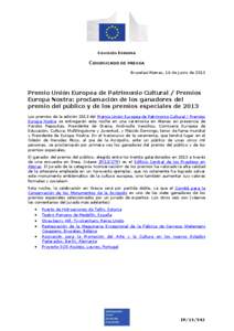 COMISIÓN EUROPEA  COMUNICADO DE PRENSA Bruselas/Atenas, 16 de junio de[removed]Premio Unión Europea de Patrimonio Cultural / Premios