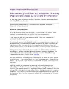 Report from Summer Institute[removed]Adult numeracy curriculum and assessment: How they shape and are shaped by our visions of ‘competence’ by Beth Marr Center for Research into Post Compulsory Education and Training. 