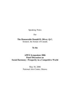 Speaking Notes For The Honourable Donald H. Oliver, Q.C. Senator, the Senate of Canada To the