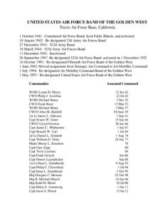 UNITED STATES AIR FORCE BAND OF THE GOLDEN WEST Travis Air Force Base, California 1 October 1941: Constituted Air Force Band, Scott Field, Illinois, and activated 10 August 1942: Re-designated 23d Army Air Forces Band 27