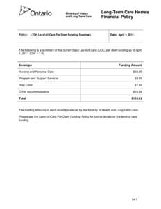 Ministry of Health and Long-Term Care Policy:  LTCH Level-of-Care Per Diem Funding Summary