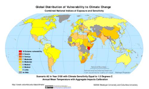 Global Distribution of Vulnerability to Climate Change Combined National Indices of Exposure and Sensitivity 10 Extreme vulnerability 9 Severe 8 Serious